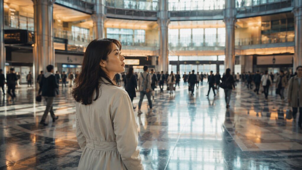 吹き抜けの大型駅舎コンコースで人の流れを見つめる日本人女性。浮気調査や婚前調査など異なる相談内容の中にも共通する人間心理や違和感のサインがあることを象徴的に表現した写真風イメージ。探偵コラム記事の見出し画像。