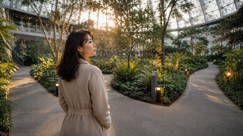 夕日の差し込む大型屋内植物園の分岐路で立ち止まる日本人女性。違和感を感じても感情で決めつけず、事実を確認しながら冷静に判断することの重要性を象徴的に表現した写真風イメージ。探偵コラム記事「違和感を信じることと決めつけることは違う」の見出し画像。