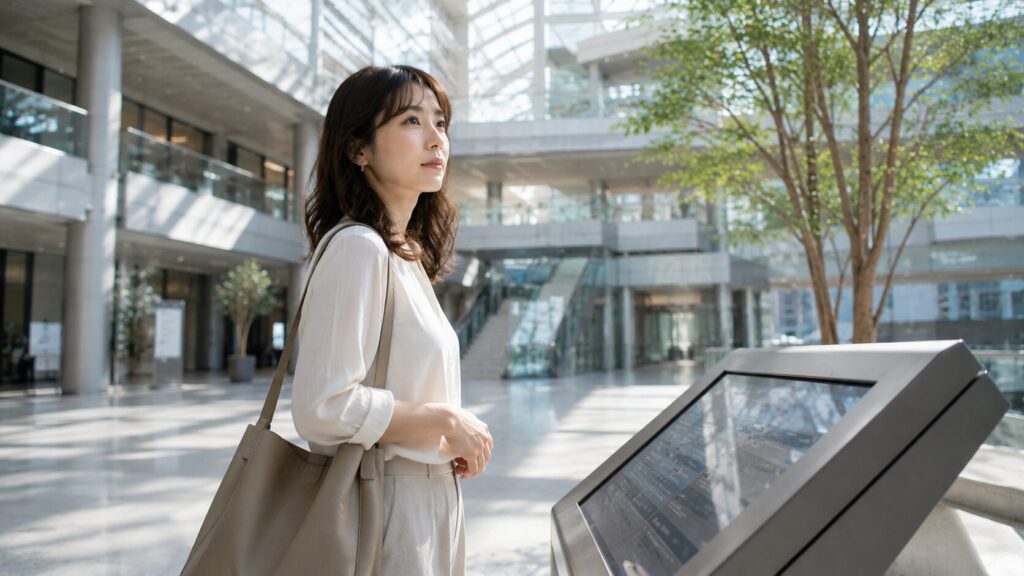 大規模アトリウムの案内スペースで全体を見渡す日本人女性。婚前調査で確認できることと確認できないことを正しく理解し、冷静に判断する重要性を象徴的に表現した写真風イメージ。婚前調査記事の見出し画像。