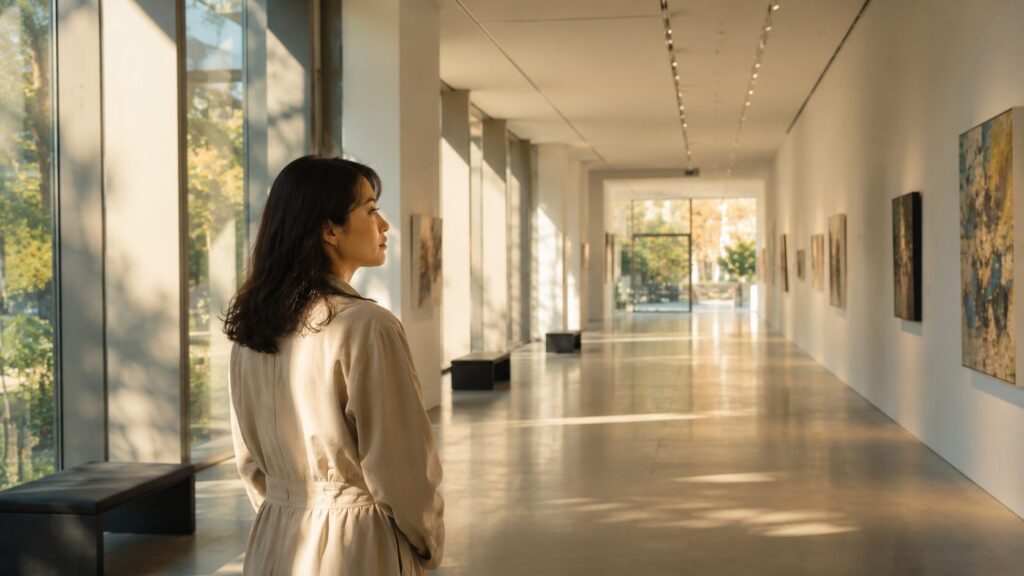 朝日の差し込む美術館の回廊で静かに空間を見渡す日本人女性。違和感は突然生まれるのではなく、小さな変化やズレを無意識に感じ取ることから始まるというテーマを象徴的に表現した写真風イメージ。探偵コラム記事の見出し画像。