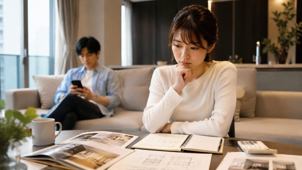 結婚準備を進める日本人女性が、住宅購入の資料や家計関連の書類を前に将来について考え込む姿。背景では婚約者の男性がスマートフォンを見ており、一見幸せそうな日常の中に見えない不安や違和感が漂う、結婚後に表面化する問題を象徴した写真風イメージ。