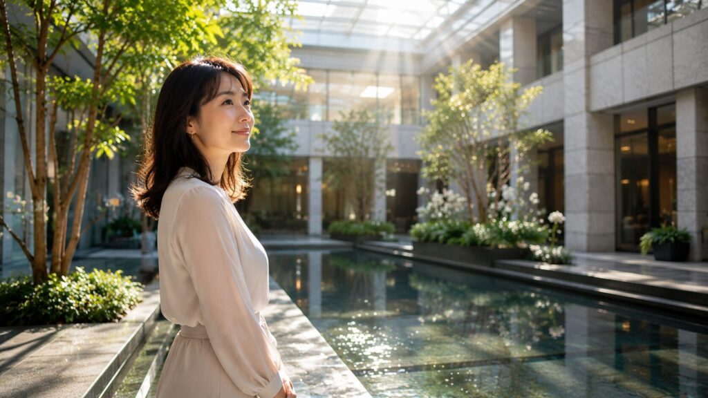 朝日が差し込む近代建築の屋内中庭で穏やかに景色を見つめる日本人女性。確認した上で信じることや、本当の信頼関係とは何かを象徴的に表現した写真風イメージ。H2「探偵が思う本当の信頼関係」の見出し画像。