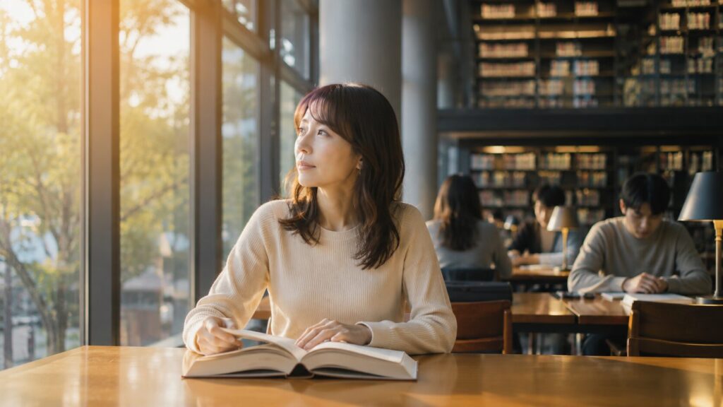 大型図書館の窓際で本を開きながら遠くを見つめる日本人女性。結婚前に感じていた小さな違和感や見落としていたサインを振り返る心理を象徴的に表現した写真風イメージ。婚前調査で問題が発覚する人の共通点を解説する記事用見出し画像。