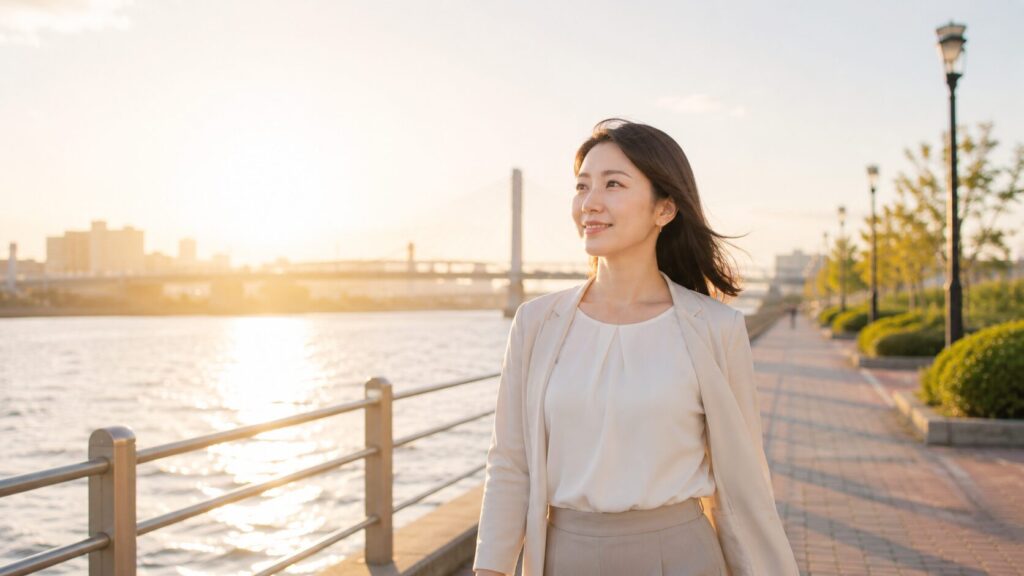 朝日が差し込む川沿いの遊歩道を前向きな表情で歩く日本人女性。婚前調査によって事実を確認し、安心して人生の決断へ進む姿を表現した写真風イメージ。結婚前に後悔のない選択をしたい人へ向けた希望を感じるビジュアル。