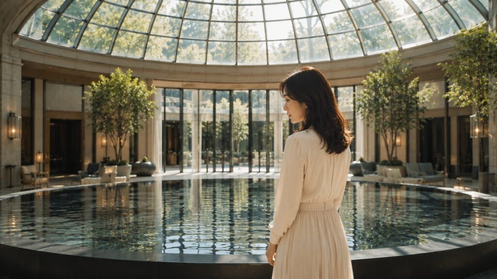 高級複合施設内のガラスドームアトリウムで、水盤を静かに見つめる日本人女性。結婚相手を調べることは本当に失礼なのかを冷静に考え、信頼と確認の関係について向き合う様子を表現した写真風イメージ。H2「結婚相手を調べることは本当に失礼なのか」の見出し画像。