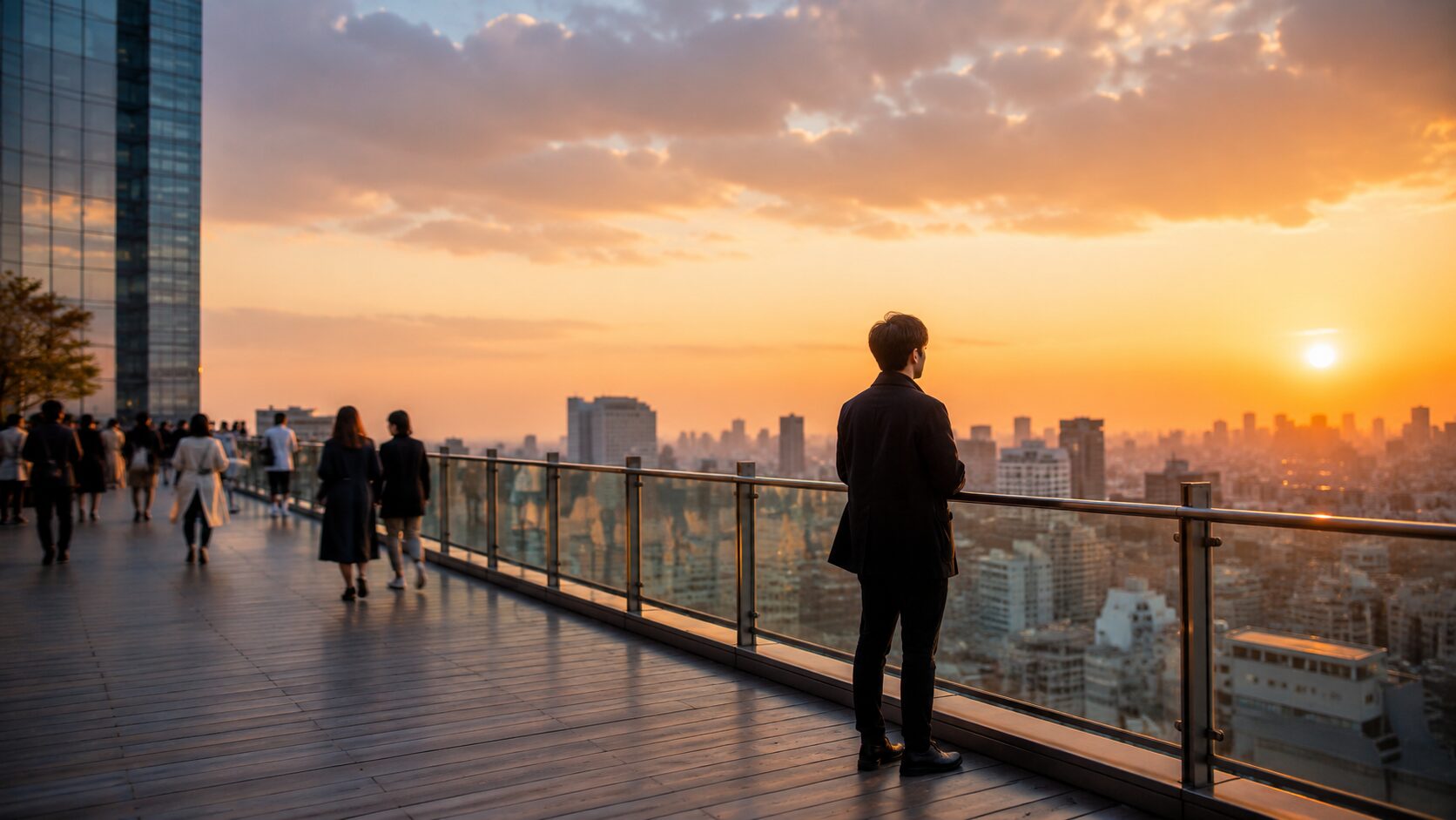 夕暮れの都心を見渡す大型展望デッキで遠くの街並みを見つめる日本人男性。失踪前に現れる小さなサインや誰にも言えない葛藤を象徴的に表現した写真風イメージ。