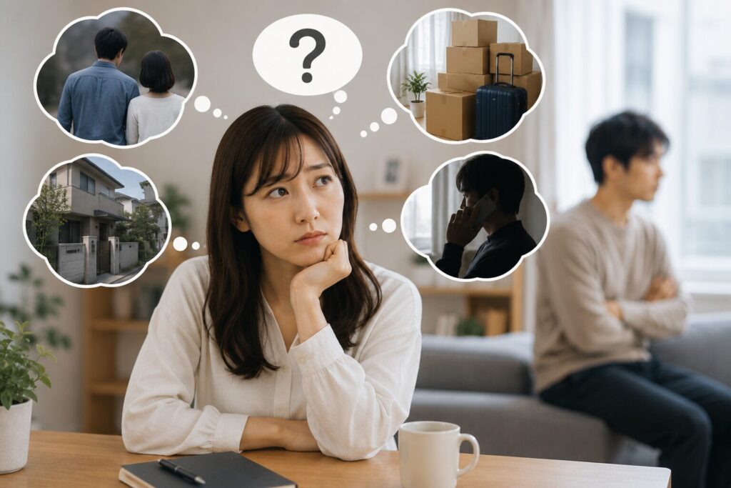 高級複合施設内で静かに考え込む日本人女性を描いたイメージ。婚約者が実家を教えてくれない理由にはさまざまな事情があることや、家庭環境・家族との関係・生活背景を冷静に理解する重要性を表現した婚前調査に関するSEO記事用H2画像。
