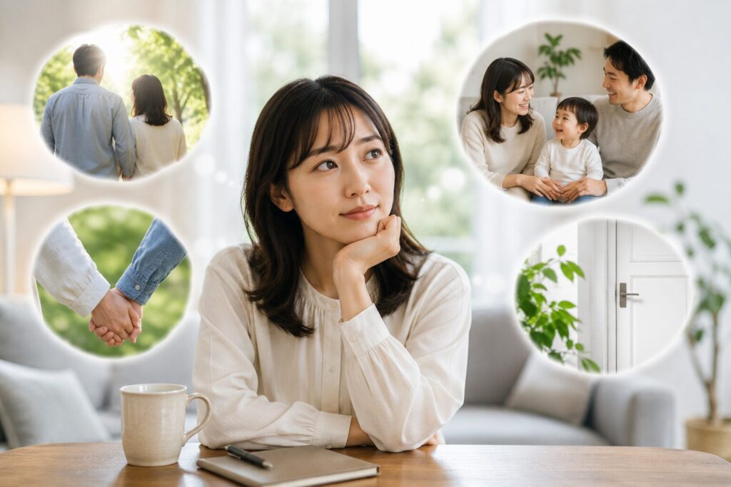 高級複合施設内で静かに未来を考える日本人女性を描いたイメージ。婚約者が実家を教えてくれない事情を一方的に否定せず、家庭環境や背景を理解しながら冷静に事実を確認する大切さを表現した婚前調査に関するSEO記事用H2画像。