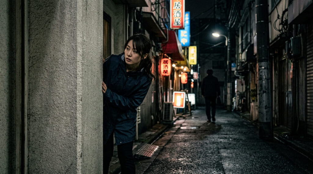 夜間の街頭で影から様子をうかがう人物と尾行・追跡の危険性を表現したイメージ