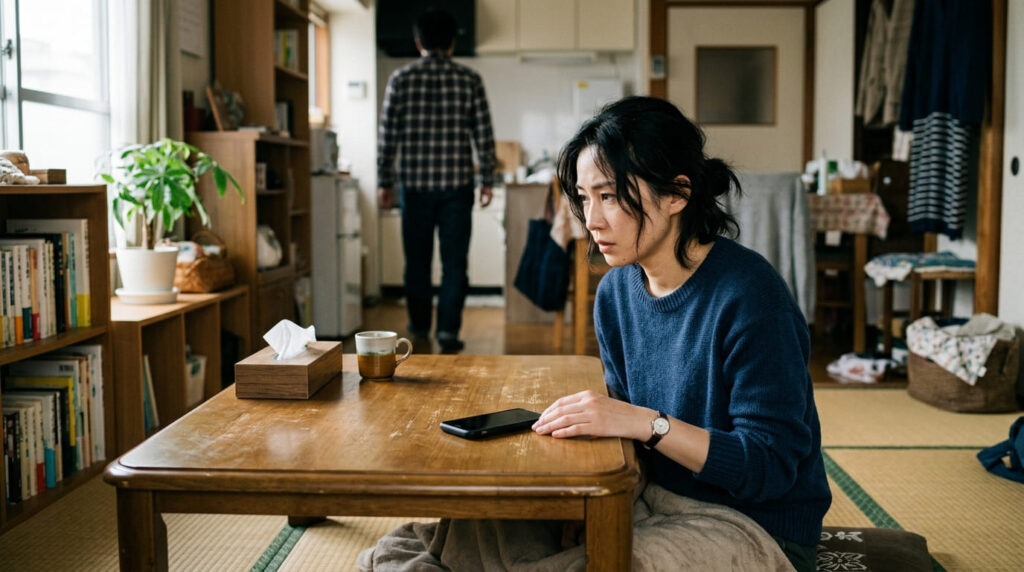 パートナーのスマートフォンを不安そうに見つめる日本人女性
