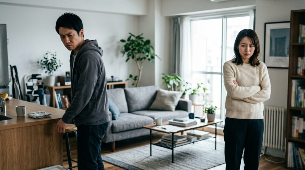 証拠がないまま感情的に問い詰めてしまい重い空気と警戒感が生まれる日本人夫婦の様子