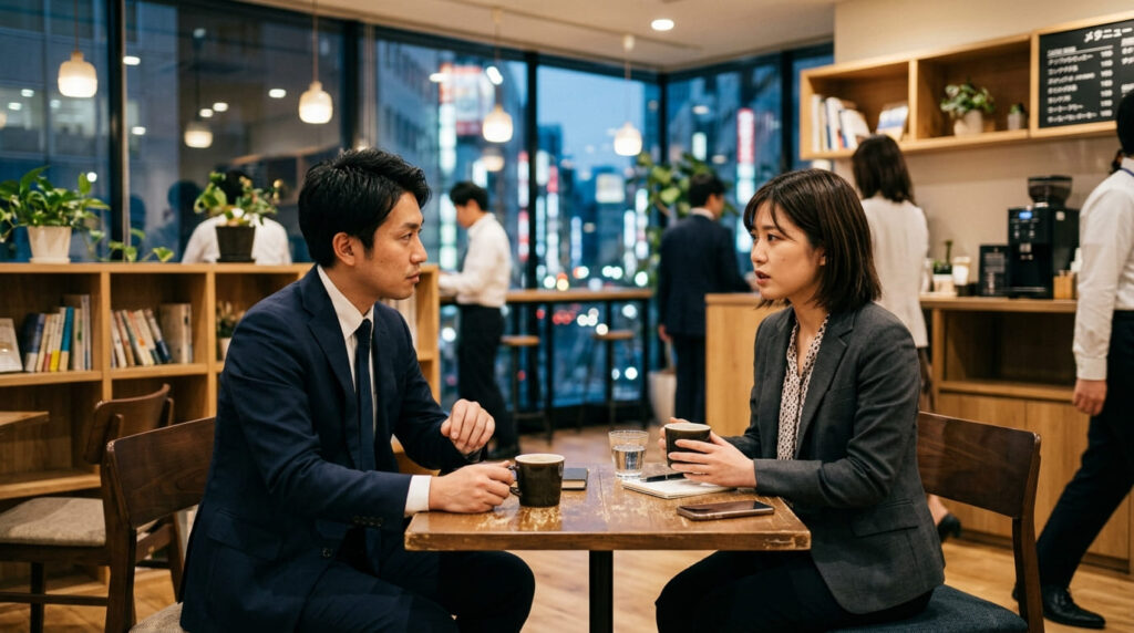 職場のオフィスで親密そうに相談や会話を交わす男女の同僚
