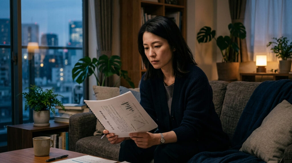 探偵依頼の費用や証拠取得の結果について書類を見ながら悩む日本人女性