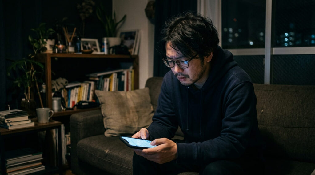 暗い部屋で一人スマートフォンを見つめ物思いにふける日本人男性