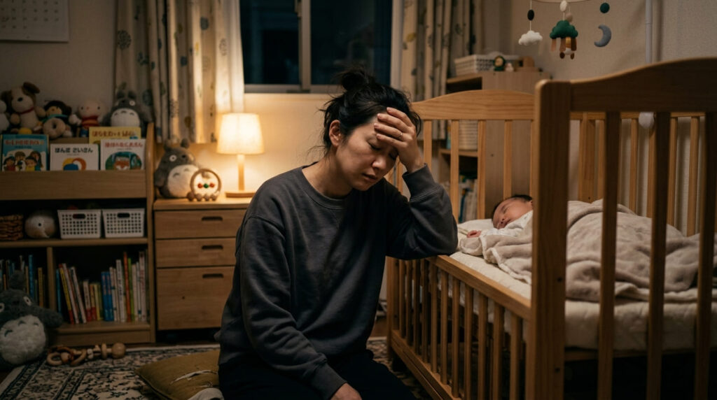 育児疲労と産後クライシスの悩みを抱える母親の様子