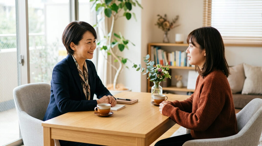 探偵事務所の清潔な相談室でカウンセラーに相談する日本人女性