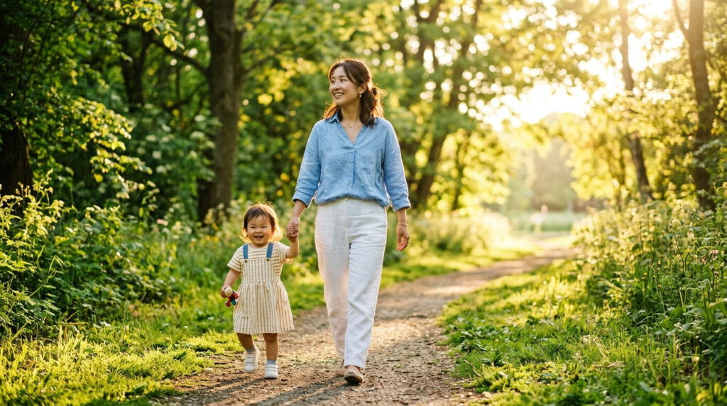 晴れた公園で幼い子どもと手をつなぎ前を向いて歩く日本人母親
