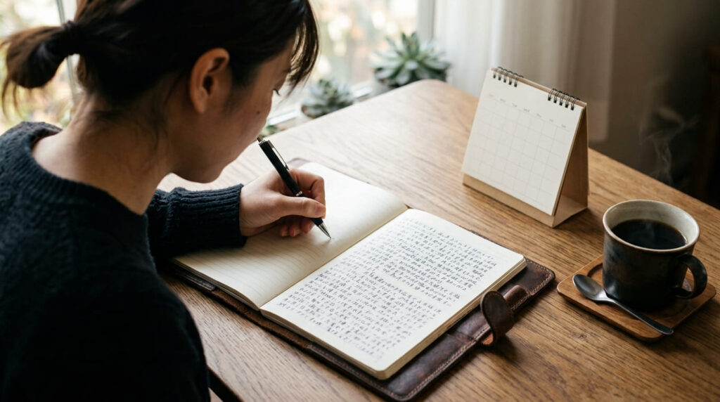 パートナーの行動や日常の違和感を時系列で手帳に冷静に記録する手元の様子