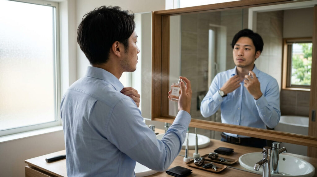 洗面台で身だしなみを整え香水をつける日本人男性