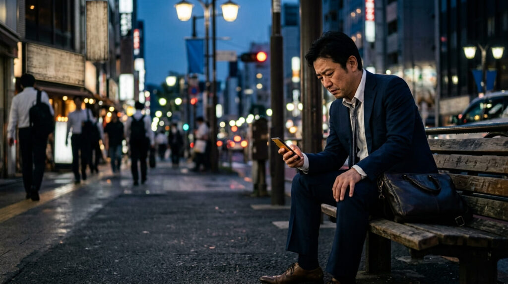 産後に家庭を避け外で悩む夫の心理イメージ