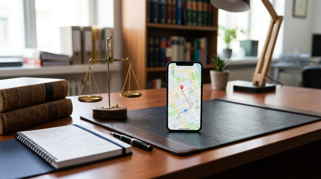 法律書と天秤、スマートフォンの画面が置かれたデスク