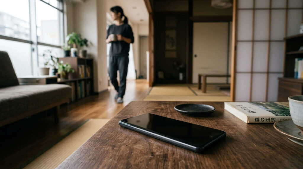 通知を隠すためにテーブルの上に画面を下向きにして伏せて置かれたスマートフォン