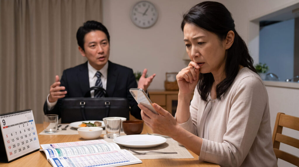 9月のカレンダーとスマートフォンのメッセージを見比べながら、神妙な面持ちで夫(奥に座る男性)の説明を聞く日本人女性の様子。夫は身振り手振りを交えて言い訳をしている。