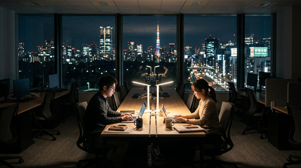 深夜残業や不規則なシフト勤務で同僚と二人きりになる職場の様子
