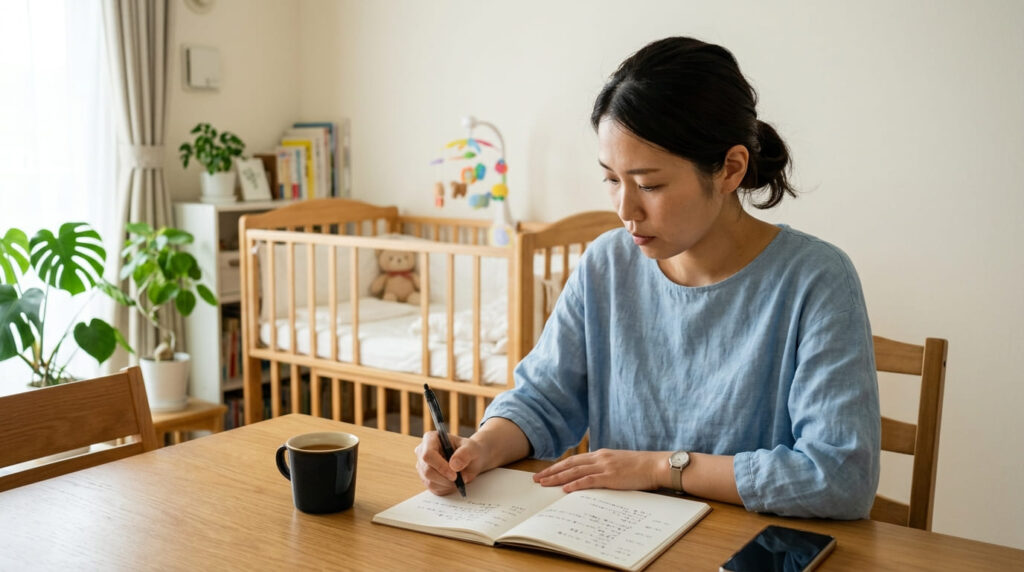 リビングのテーブルで手帳とペンを持ちパートナーの行動記録をつける日本人女性