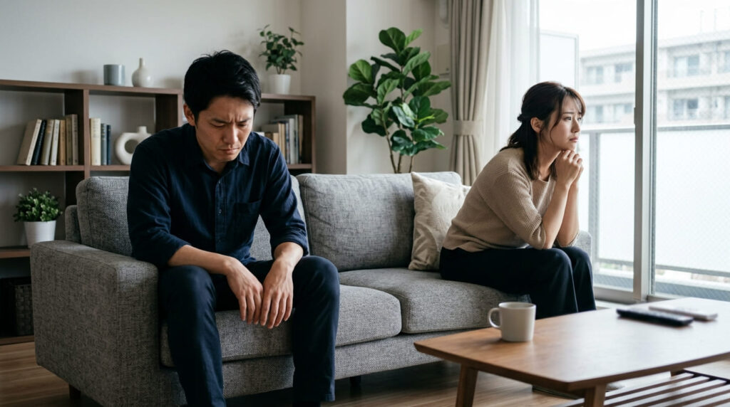 リビングで気まずい表情で背を向け合う日本人夫婦