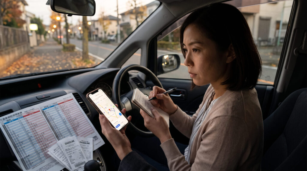 夕暮れ時の車内で、スマートフォンの位置履歴(Google Maps)と手元のメモ、レシートを見比べながら、真剣な表情で不審な行動を分析する日本人女性の様子。