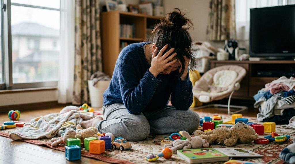 育児の合間に頭を抱えて不安な表情を浮かべる日本人女性