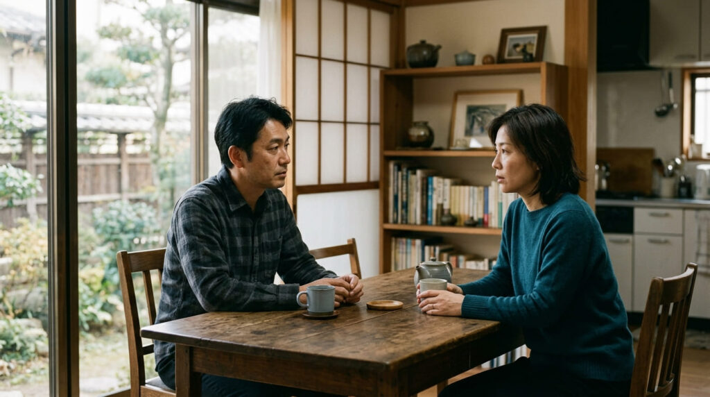 落ち着いて話し合いをするためにテーブルに向き合う日本人男女