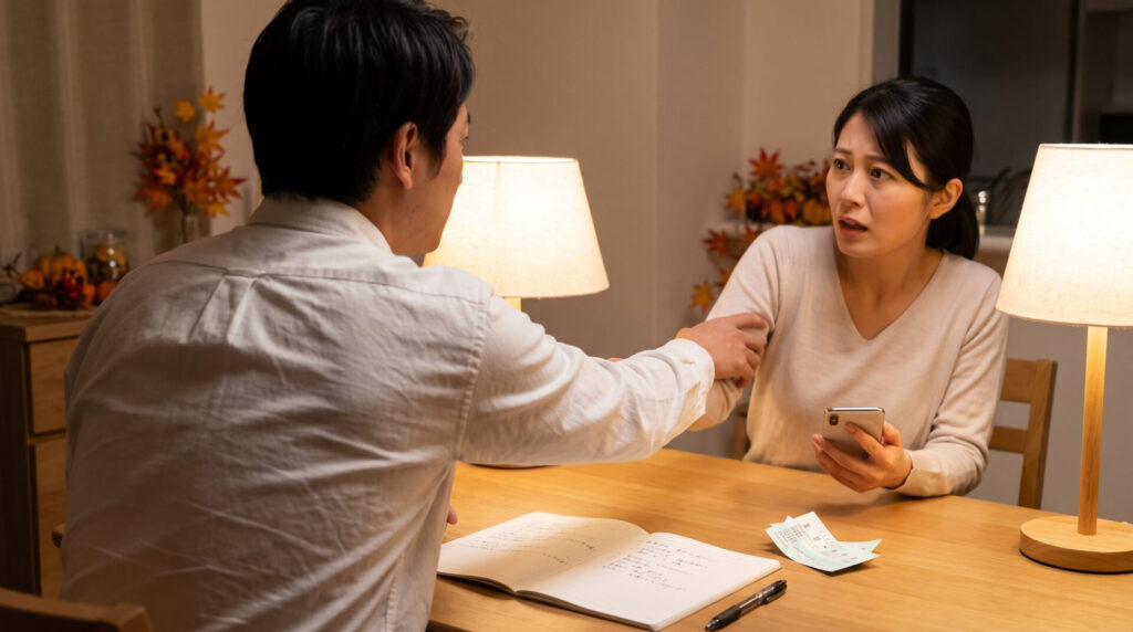 夕暮れ時の自宅のリビングで、パートナーのスマートフォンを無断で確認しようとして激しい口論になり、手を掴まれて驚く日本人男性の様子。