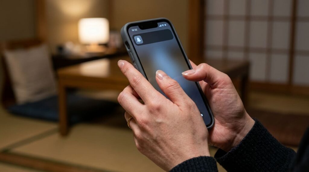 スマートフォンの不審なメッセージ画面を見つめ動揺を隠す日本人女性の手元
