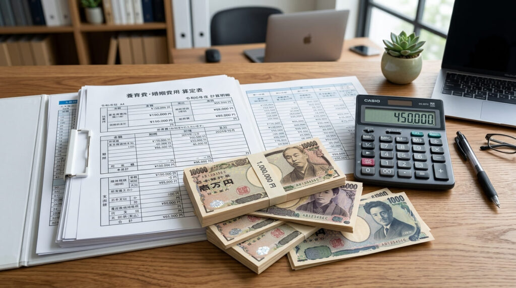 30代の浮気離婚における慰謝料・養育費・財産分与の計算イメージ