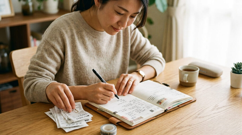 手帳にメモを取りながらレシートやスケジュールを整理する日本人女性の手元