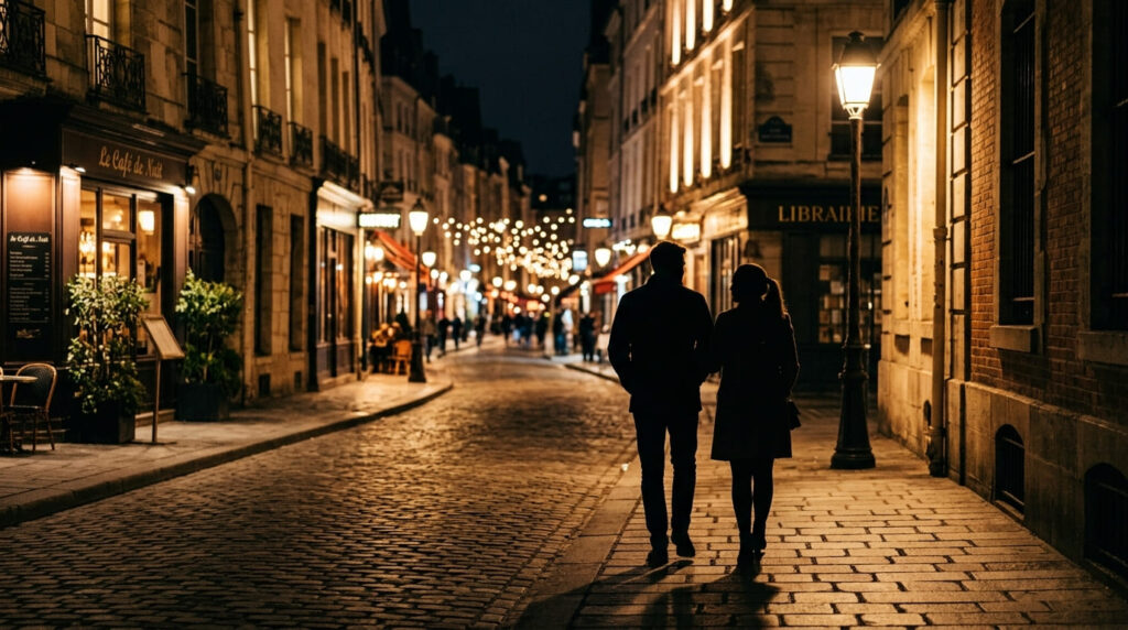 夜の街で店外デートや密会を行う男女のシルエットイメージ