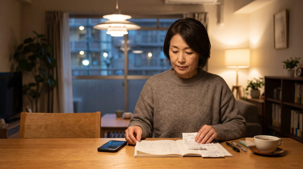 自宅のリビングで手帳、レシート、スマートフォンを前に置き、感情的にならず冷静に時系列の記録と次の対応ステップを整理する日本人女性の様子。