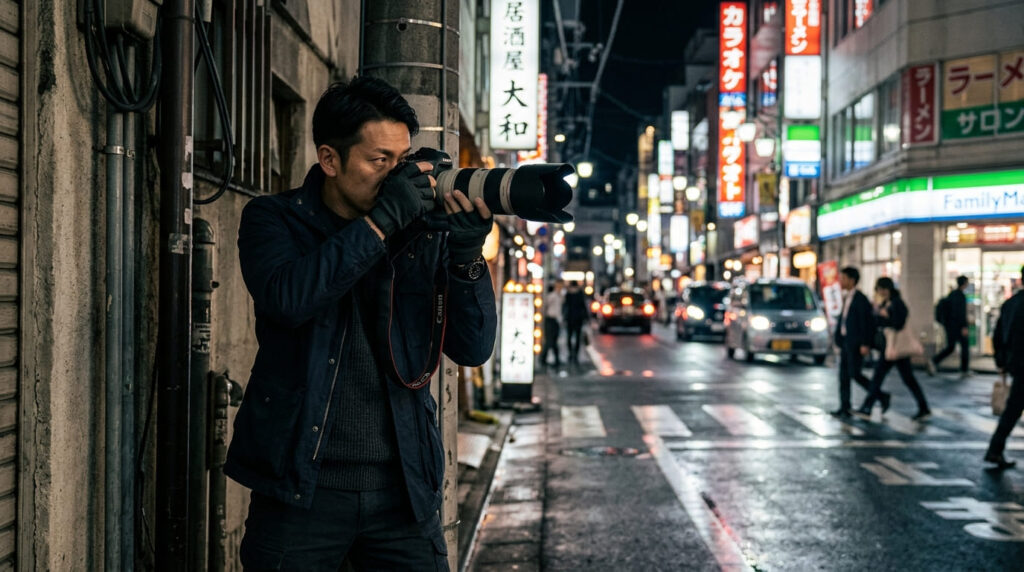 夜の街でカメラを持ち慎重に尾行調査を行うプロの探偵