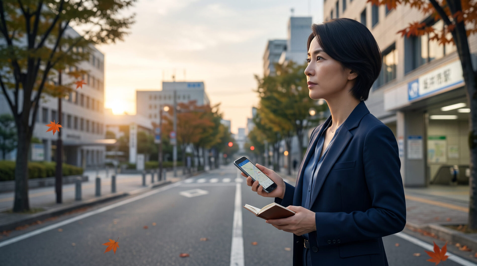 秋の夕暮れの街角で、スマートフォンとメモ帳を手に持ち、鋭い視線で周囲の状況を確認する日本人女性調査員の様子。