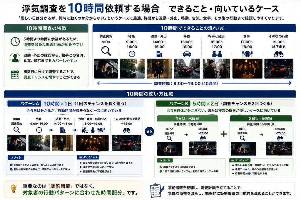 浮気調査10時間を1日または5時間ずつ2日に分ける比較図