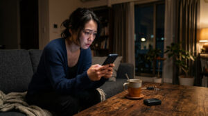 暗い部屋でスマートフォンの画面を見つめ浮気の疑念に悩む日本人女性とGPS機器