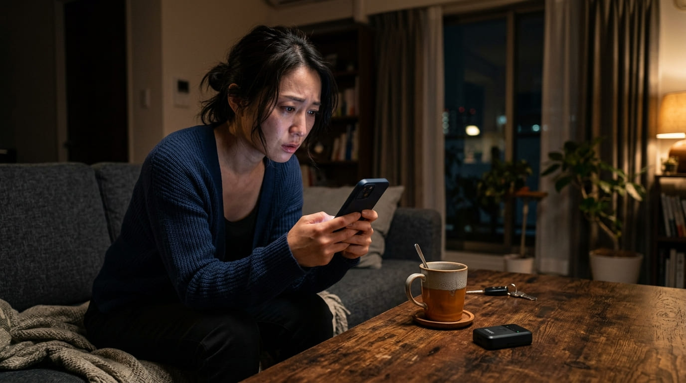 暗い部屋でスマートフォンの画面を見つめ浮気の疑念に悩む日本人女性とGPS機器