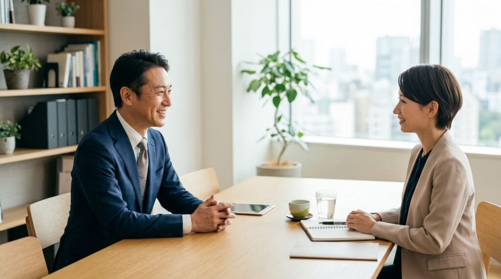 明るい相談室で親身にアドバイスを行うプロの相談員と依頼者