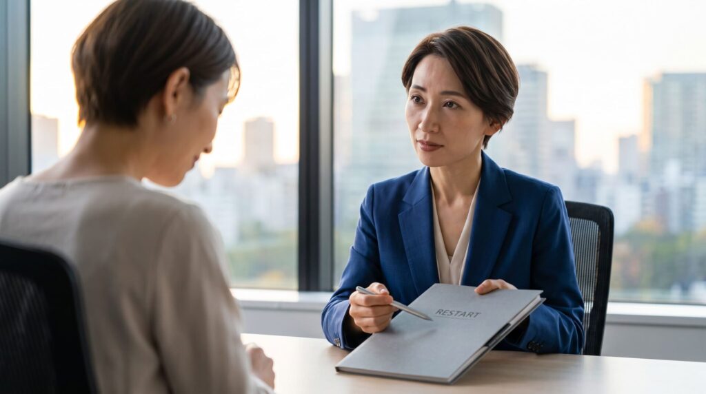 探偵事務所の相談室で、真剣な表情で相談に乗るベテランの日本人女性探偵(RESTARTロゴ入りの報告書ファイルを指差す)