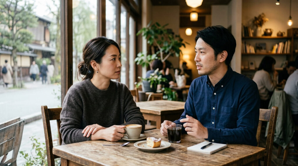テーブル越しに向かい合い今後の夫婦関係について話し合う男女