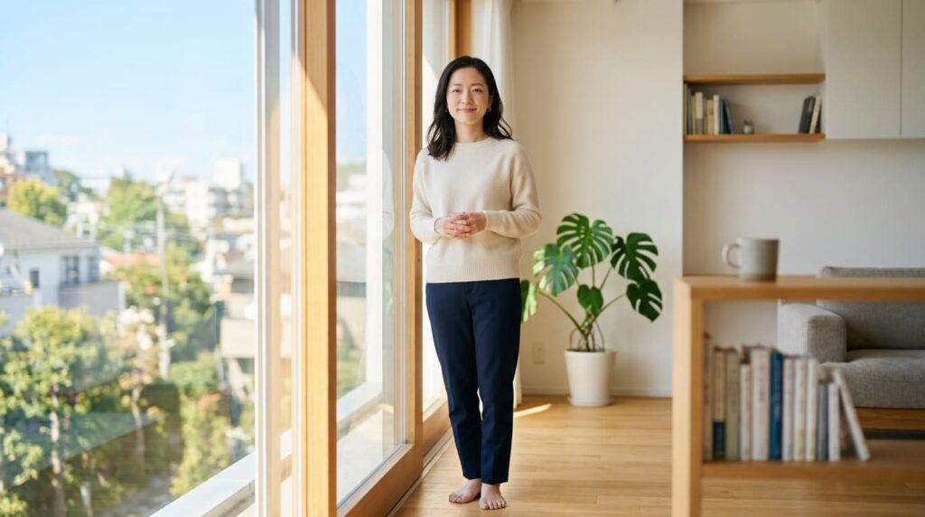 悩みから解放され前向きな表情で窓の外を見つめる日本人女性