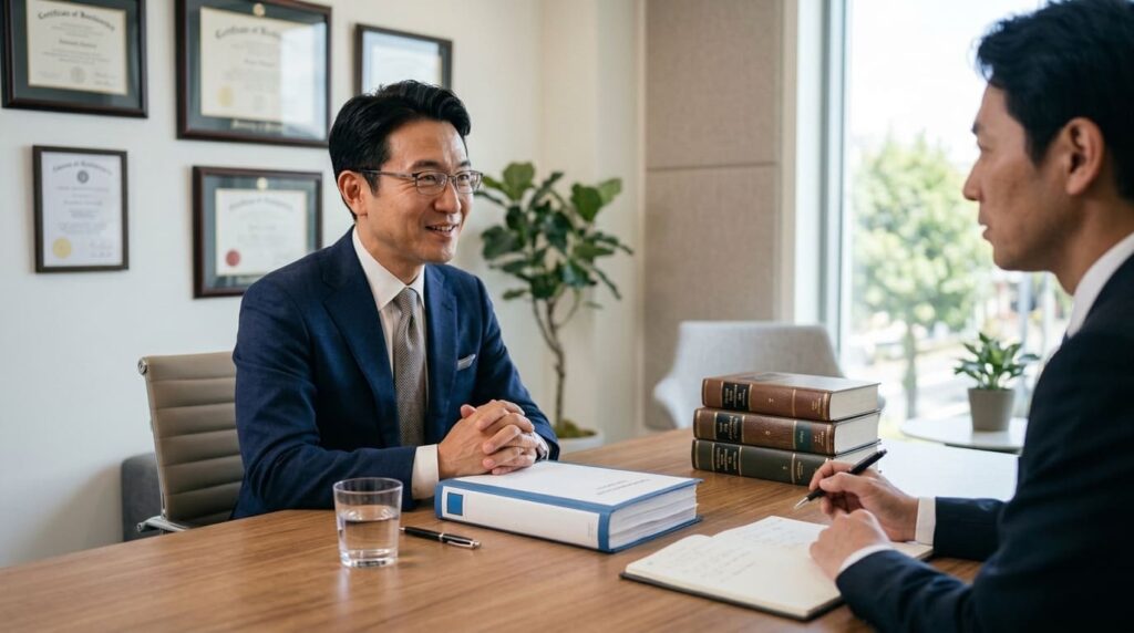 裁判で通用する浮気調査報告書をもとに弁護士と有利な解決策を相談する様子
