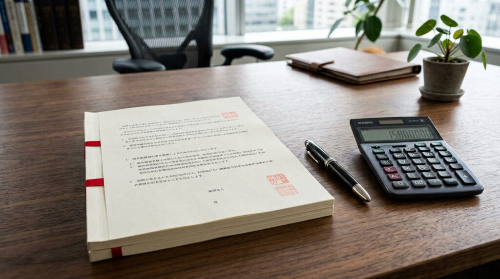 法律文書や契約書を前に冷静に確認を行うイメージ